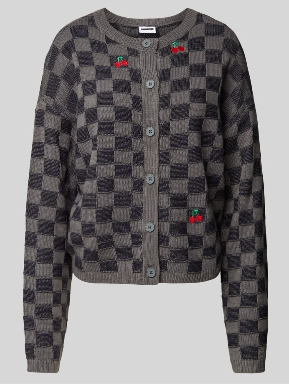 Noisy May Gray & Black Checkered Cardigan with Cherry Embroidery
